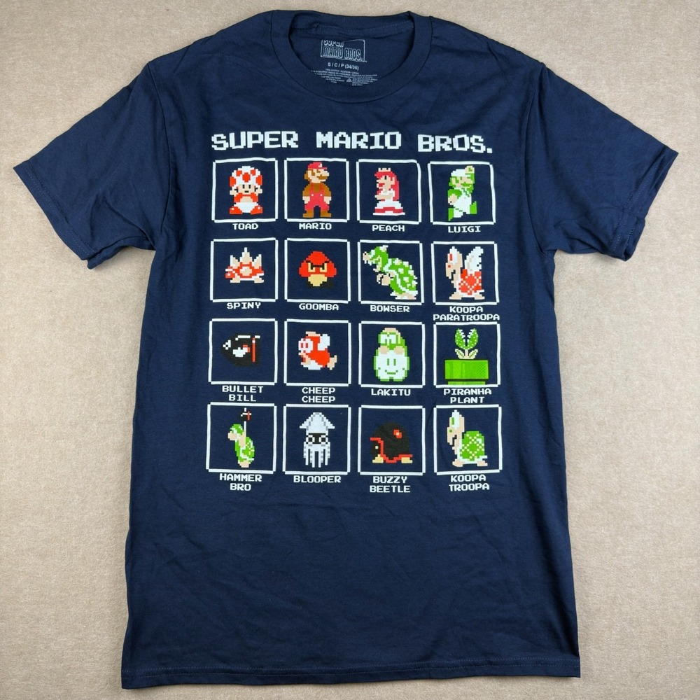 Super Mario Bros Graphic T-Shirt Mens S‎ Blue Nintendo Pixel Characters Tee